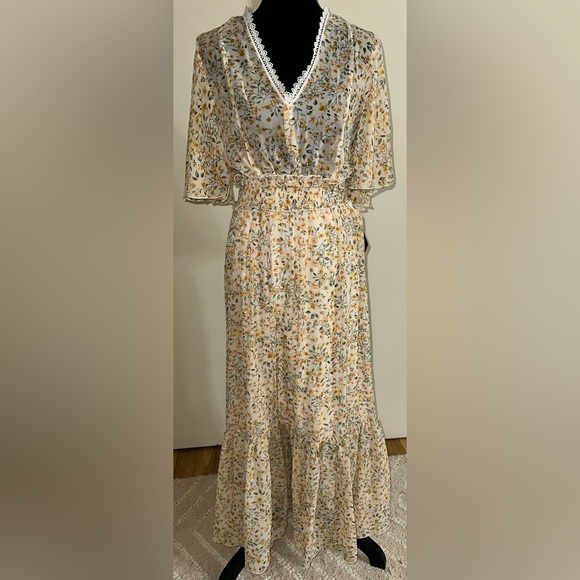 Kate and Lily Maxi Chiffon Yellow/Green Smocked Floral Dress - Size 10 - NWT - Picture 1 of 6